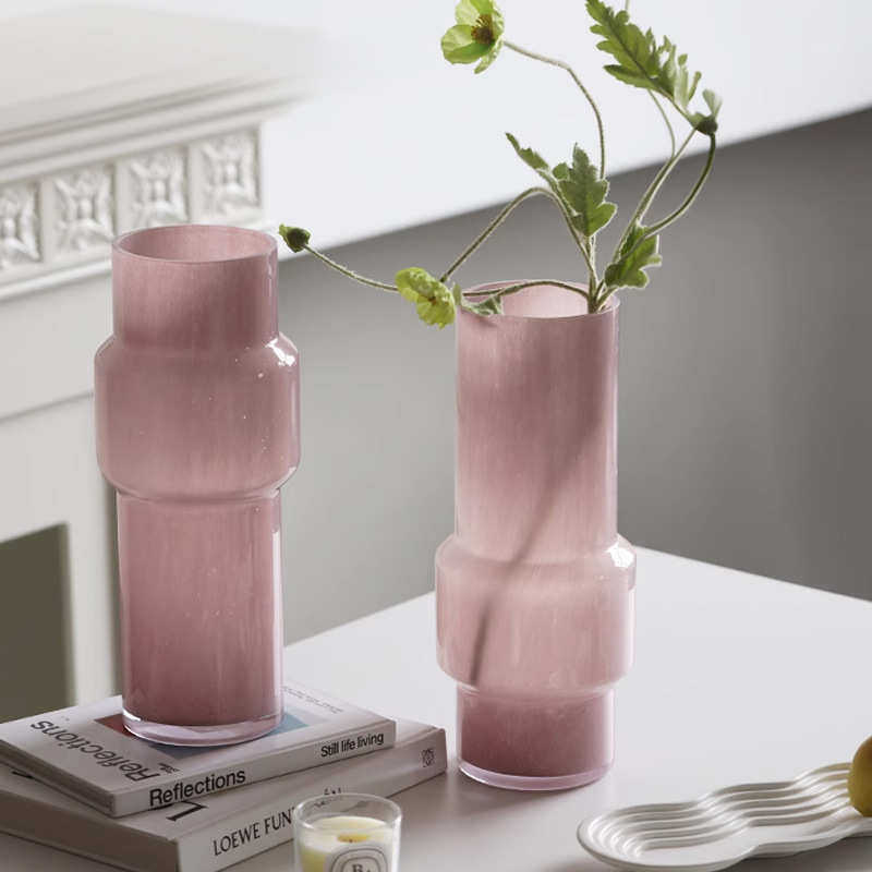 浅桃粉中古玻璃花瓶复古高级感客厅餐桌轻奢简约设计小众插花摆件,淘宝优惠券,粉丝福利购,淘宝优惠卷