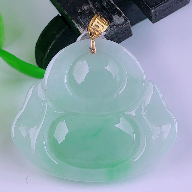 Burmese natural genuine jadeite 18k gold buckle ice type floating sun green full of floating flowers flashing Buddha jade pendant 6.90g
