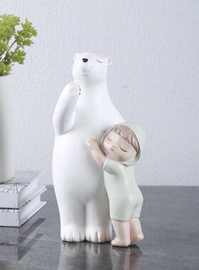 欧式创意北极熊摆件熊抱小孩家居玄关房间客厅装饰树脂工艺品摆件