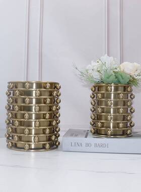 现代样板房创意客厅摆件现代装饰品花插花器欧式古铜金属圆筒花篮