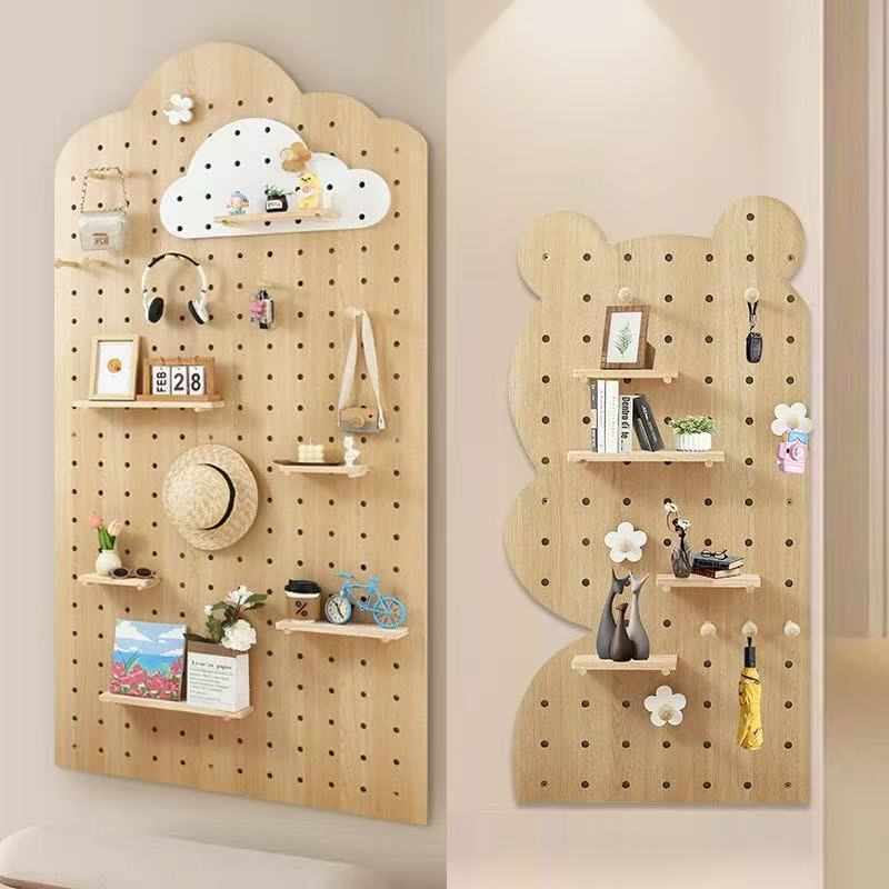 实木洞洞板置物架一体入户玄关墙上收纳架衣帽架北欧墙面展示架子 - 图0