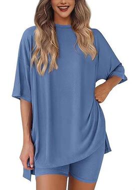 Women's Solid Color T-Shirt and Tight Shorts Loungewear Set