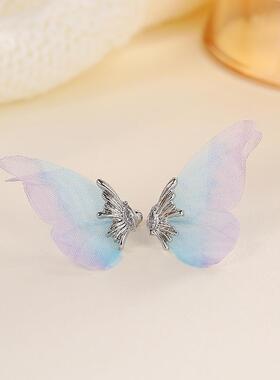 森系薄纱蝴蝶蓝色耳夹无耳洞女欧美ins镶钻仙气耳饰合金耳骨夹