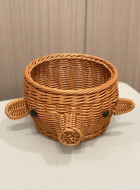 柳编箩筐竹编篮藤编收纳筐鸡蛋创意餐具果盘大象猪鹿动物摆件托盘