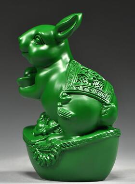 绿色实木兔子摆件木质雕刻十二生肖木头小兔吉祥物装饰木制工艺品