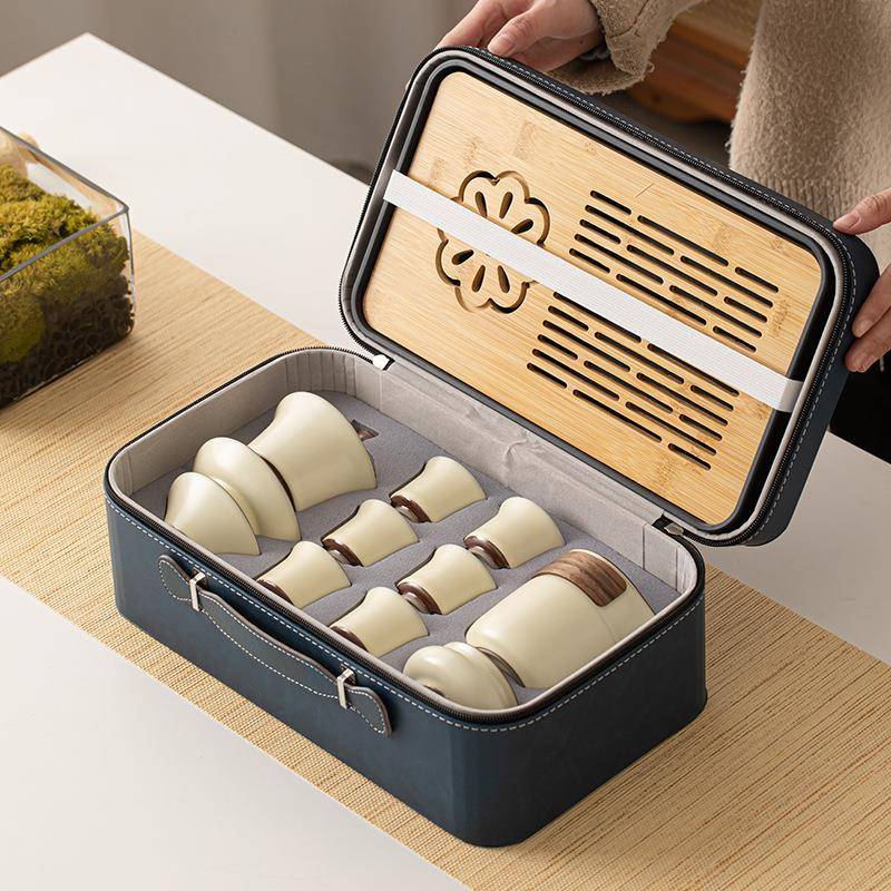 Ru kiln opens to support the family. Outdoor travel tea set. Complete set of tea brewing sets. Ceramic Sancai Cover Bowl Teapot Tea Cup