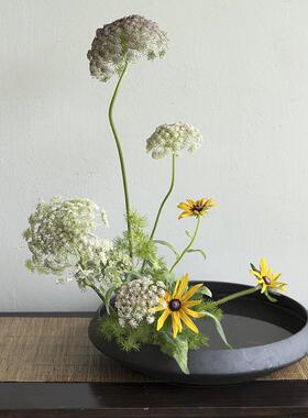 墨蓝花器 磨砂陶瓷大花盘写景水盘 小原流日式花道中式插花盆禅意