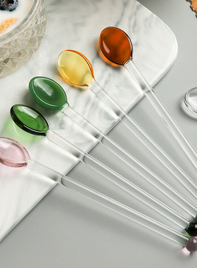 网红透明糖果彩色玻璃勺子耐热高温长柄奶茶咖啡甜品小可爱搅拌棒