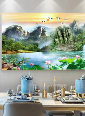 高档餐厅装饰画单联客厅晶瓷挂画饭厅金属框餐桌墙画风景山水壁画