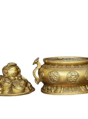 聚宝盆摆件带盖双耳聚宝盆家居桌面装饰摆件金蟾聚宝盆