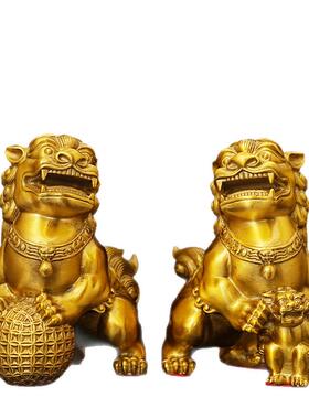 铜狮子滚绣球 仿古铜器 门狮一对家居办公玄关装饰工艺品铜立狮子