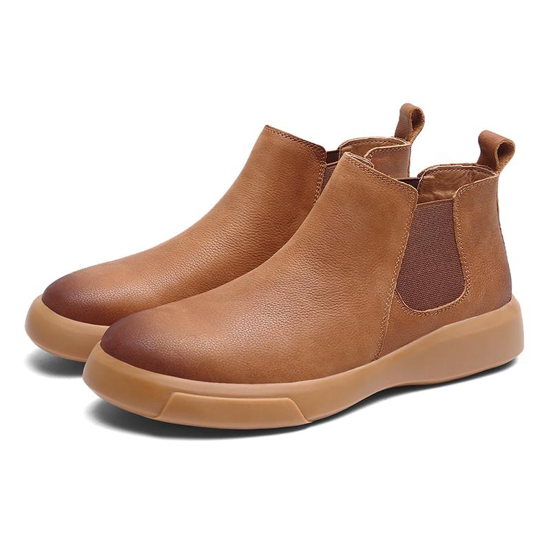New men's Chelsea boots genuine leather casual leather shoes outdoor high-top shoes short soft boots with velvet warm cotton soles for men