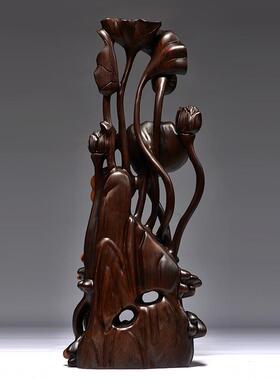 黑檀木雕刻年年有鱼根雕荷花摆件家居客厅玄关装饰工艺品乔迁送礼