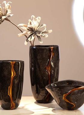 黑色现代装饰品花瓶复古软插花感器装摆件样板房高级水纹橘