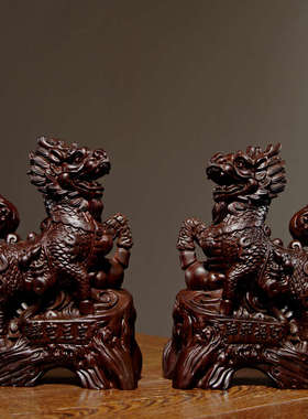 黑檀木雕麒麟摆件实木一对瑞兽家居客厅电视柜办公装饰红木工艺品