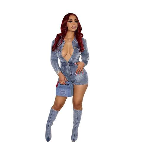 LikeMyChoice Retro Button-Down Long Sleeve Denim Romper High - 图2
