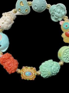 新品天然原矿高瓷绿松石多宝手链单圈手串 男女珠链珠串18k金配饰