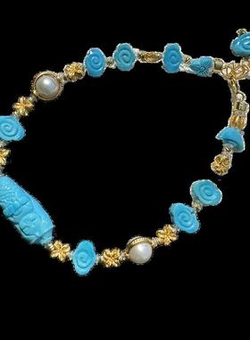 原矿高瓷蓝绿松石多宝手链单圈手串18k金配饰尺寸17.8×7.3×6mm