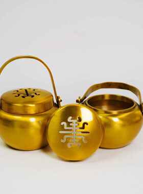 创意暖手炉黄铜打篆空熏檀香炉家用室内取暖手提炉仿古大漆手炉