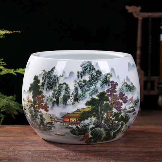 客厅家居摆设聚宝盆景德镇摆件粉彩电视柜缸玄关装饰品陶瓷器创意