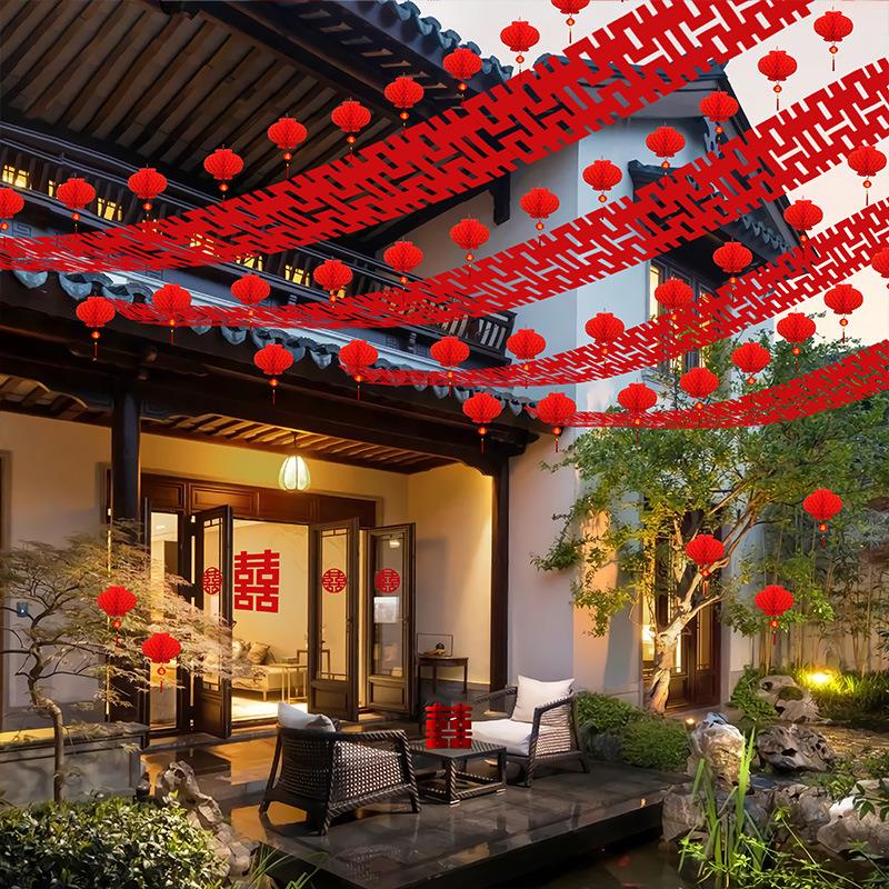 Wedding courtyard decoration and arrangement colorful flags rural yard lanterns and flowers small red flags long happy strings wedding supplies