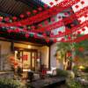 Wedding courtyard decoration and arrangement colorful flags rural yard lanterns and flowers small red flags long happy strings wedding supplies