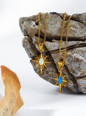 钛天钢高保色然澳宝 复古文艺项链锁骨链六芒星镀1JPNK2302石K8金