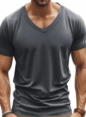 Men's Solid V Neck Short Sleeve Sports Tee Gym Workout
