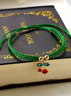 跨境外贸热销编织手链百搭创意设计镶钻樱桃吊坠编织可调节手链女