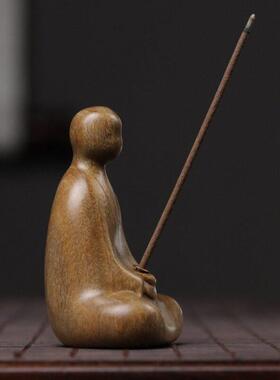 绿檀木雕无相香插摆件 悟道茶宠线香插像桌面手把玩檀香木