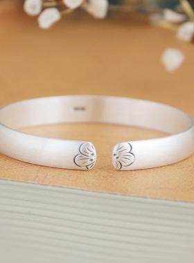 高档银镯女梅纯花999足简银复古实心开口民手族风哑光约年轻款送