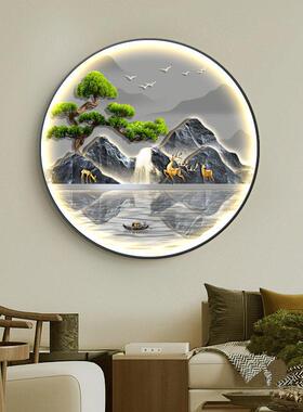 新中式入户进门圆形玄关装饰画流水生财走廊挂画带灯山水九鱼图画