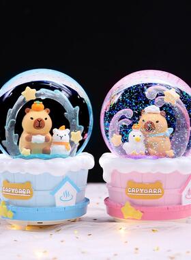 新款热卖水豚温泉之旅内转飘雪八音盒摆件学生节日惊喜礼物