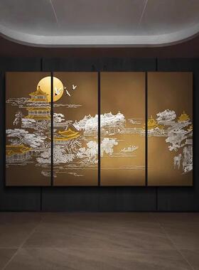 新中式酒店餐厅高档四联画客厅立体浮雕挂画招待室会所楼阁装饰画