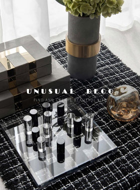 现代简约轻奢黑白水晶方格棋盘摆件样板房售楼处客厅书房软装饰