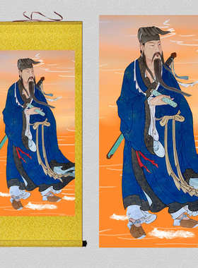 新款吕祖画像挂画吕洞宾纯阳祖师孚佑帝君神像丝绢卷轴画道场供奉