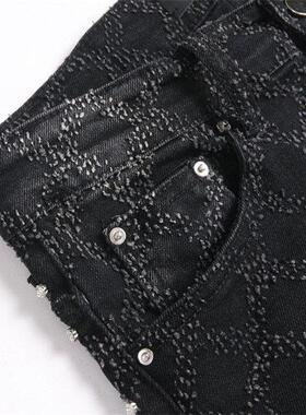 Men Straight Flared Jeans 男士黑色格子钉珠直筒修身喇叭牛仔裤