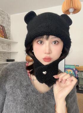 花缘梓日系可爱立体小熊耳朵毛线帽子女秋冬新款保暖针织护耳帽潮