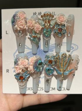 相遇 全锆饰品纯手工穿戴甲超长渐层手工美甲奢玫瑰花重工美甲