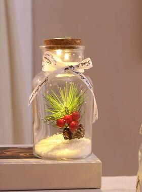 新款北欧风耶诞款玻璃许愿 瓶 迷你松果微景观玻璃摆件 LED小夜灯