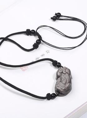 彩眼黑曜石情侣貔貅项链草莓晶粉水晶横版貔貅项链颜九同款吊坠