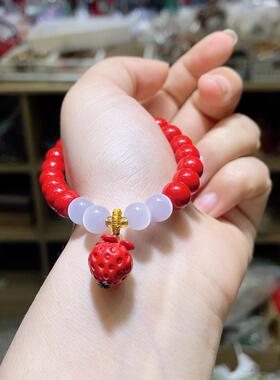 2026通货款朱砂红砂草莓搭配猫眼石手串简约精美百搭手链女款