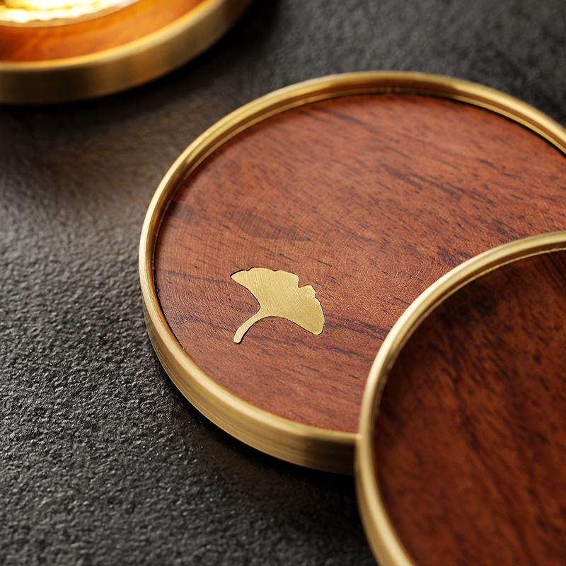 Pure brass tea ceremony coaster copper wood tea cup holder ebony rosewood mat heat-proof and non-slip creative light luxury tea set coaster