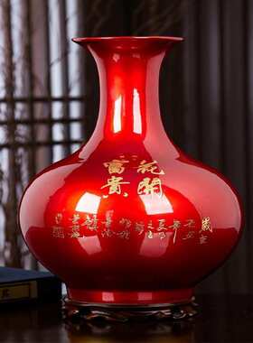 景德镇陶瓷器花瓶摆件中国红色擦花现代中式家居客厅电视柜装饰品