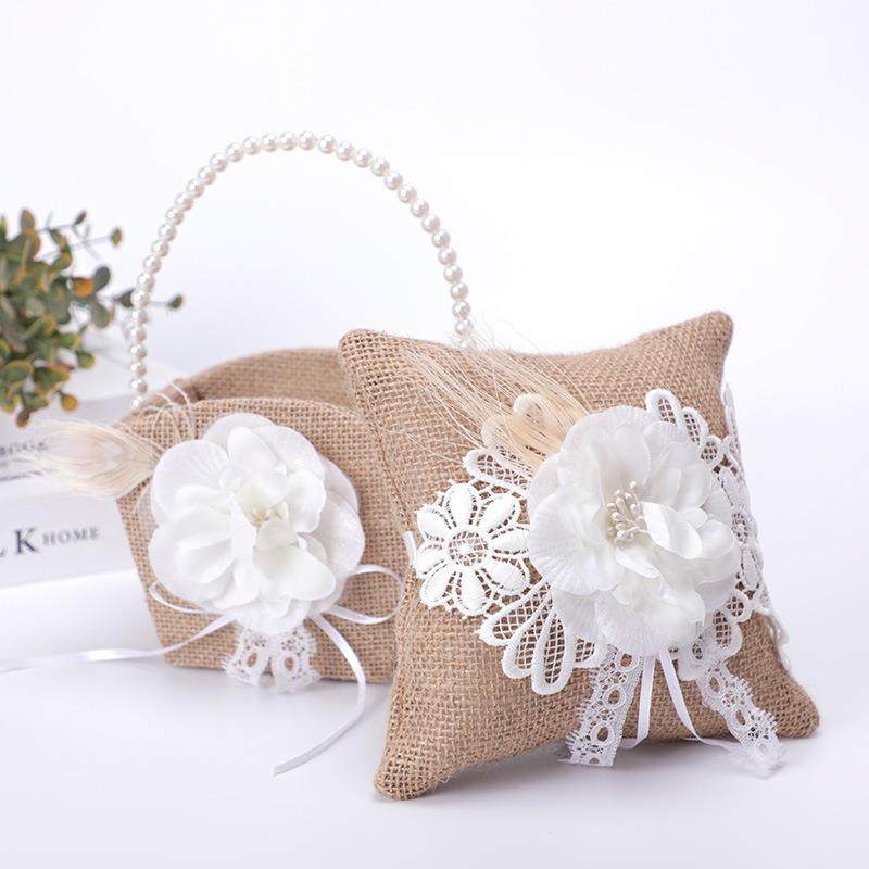 花童篮子珍珠手柄粗麻布黄麻篮婚礼手提麻布花篮戒枕套装喜糖喜庆,淘宝优惠券,粉丝福利购,淘宝优惠卷