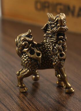 实心纯铜麒麟摆件一对黄铜送福手把件古玩铜器装饰品家居客厅摆件