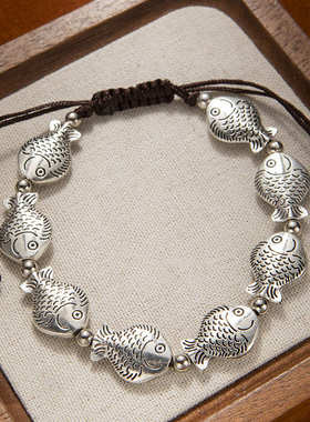 跨境民族风年年有余藏式可调节手链小鱼大象手串复古手工编织手绳