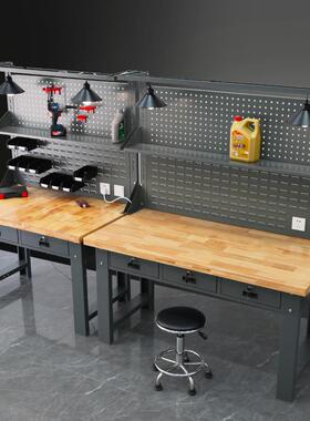 麦哈加厚实木桌板维修工作台多功能工具背板手工桌带灯实验钳工台