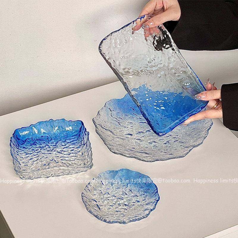 蓝色不规则冰川盘ins风家用精致高级感点心碟水果蛋糕甜品玻璃盘,淘宝优惠券,粉丝福利购,淘宝优惠卷