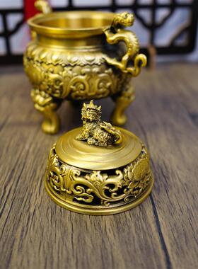 仿古狮子二龙戏珠熏香炉兽耳青香炉办公室地摊文玩摆件纯铜香薰炉